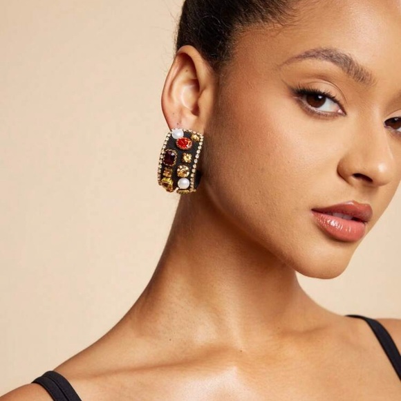 2/$30🌵 Bejeweled Thick Black Hoop Earrings Rhinestone Faux Pearl Royalty NEW - Picture 4 of 16